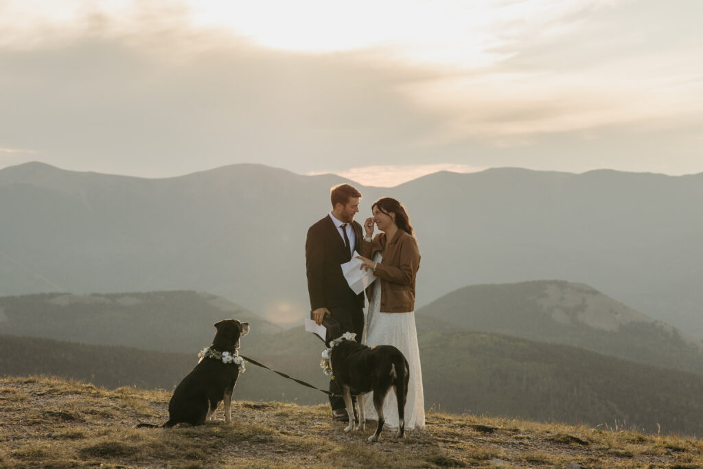 A couple reads letters at a mountain overlook with their dogs looking at them at sunset.
